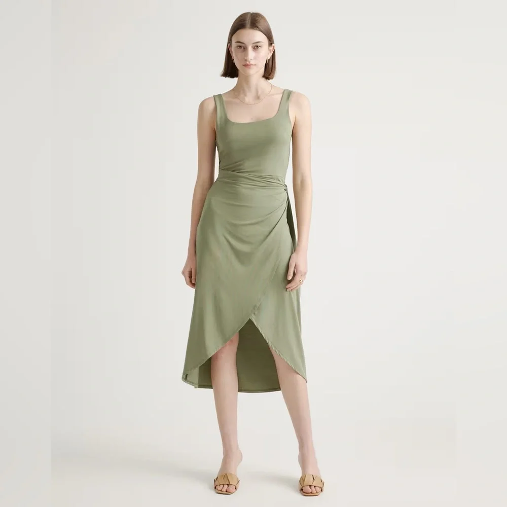 Quince Tencel Jersey Side Tie Midi Dress Dark Olive Size Medium NWT - Picture 1 of 4
